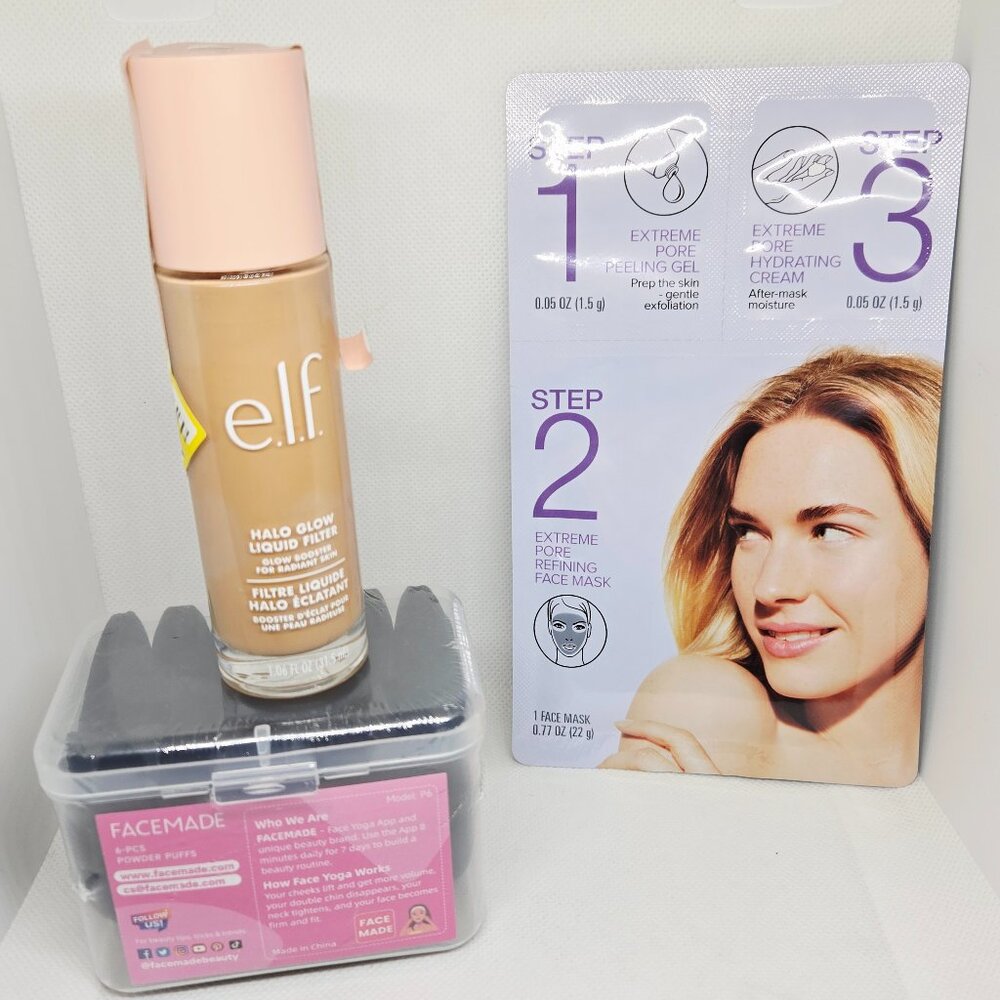 New Beauty Bundle Elf Halo Glow, Facemade 6 pc Powder Puffs & 3 Step Face Mask